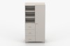 Beige wardrobe with open shelves, 3 drawers and one door, front view
