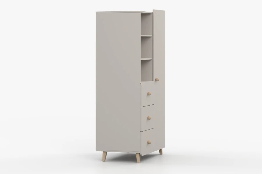 Moderne combikast in beige, schuin zijaanzicht met focus op opbergruimte