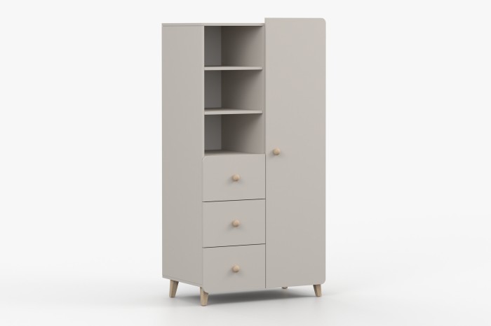 Kompakter Mehrzweckschrank in Beige für das Schlafzimmer, perspektivische Ansicht