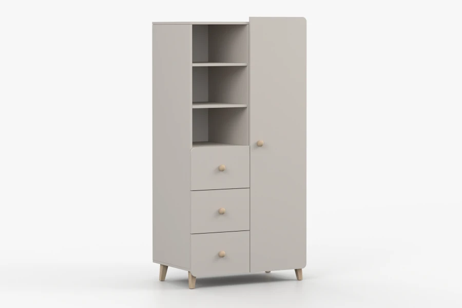 Kompakter Mehrzweckschrank in Beige für das Schlafzimmer, perspektivische Ansicht