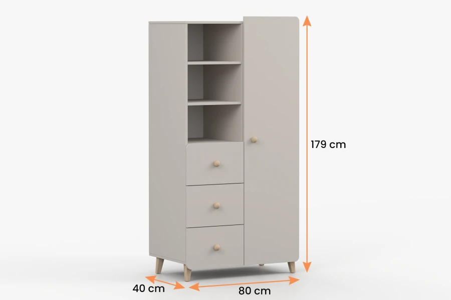 Abmessungen des beigen Schranks: Höhe 179 cm, Breite 80 cm, Tiefe 40 cm
