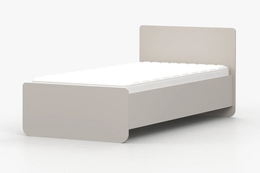 Minimalistisches Kinderbett in Beige mit weißer Matratze, freistehend vor hellem Hintergrund.
