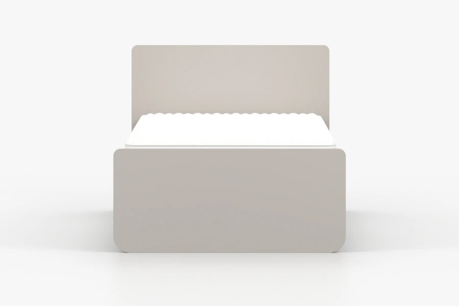 Minimalistisches Kinderbett in Beige, Frontansicht mit Matratze