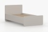 Minimalistisches beiges Einzelbett mit Lattenrost aus Holz, Ansicht von rechts.