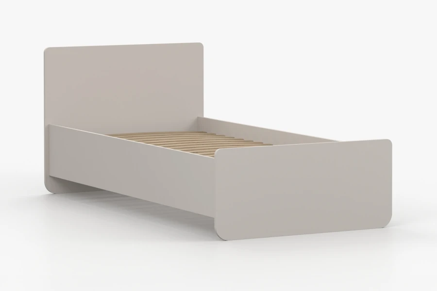 Minimalistisches beiges Einzelbett mit Lattenrost aus Holz, Ansicht von rechts.