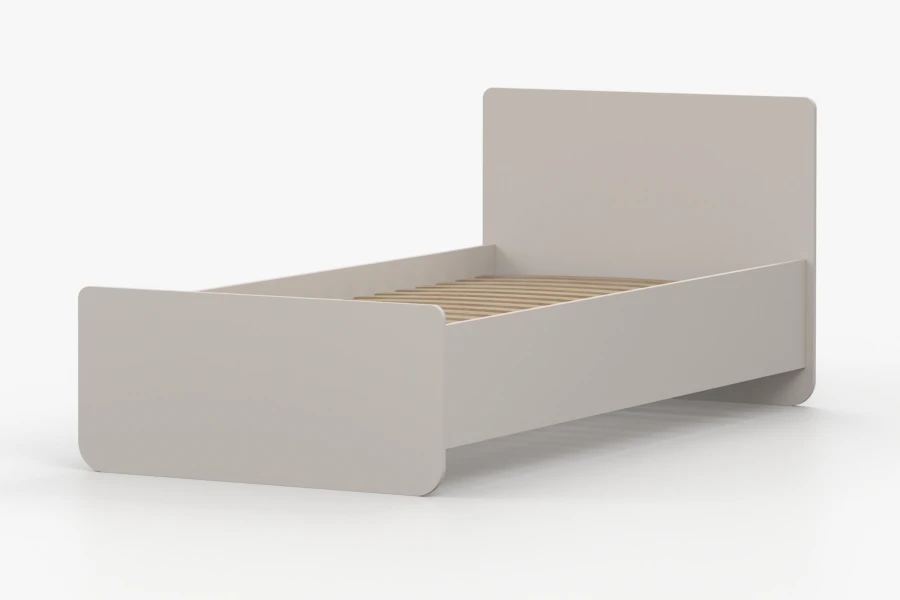 Beiges Bettgestell mit Holz-Lattenrost für Kinderzimmer, Ansicht von links.