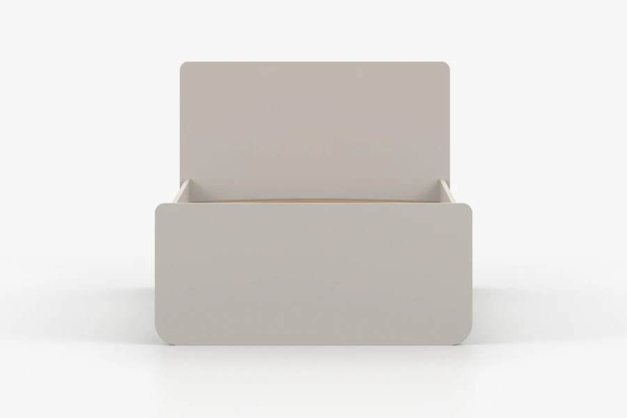 Simple beige single bed in front view with rounded edges.