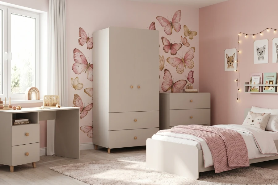 Cosy children's room with butterfly wall tattoos, bed and matching beige furniture from the Marco collection.