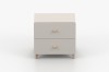Beige bedside table with two drawers and wooden feet in Scandinavian design for children's rooms.