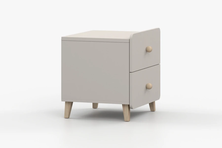 Modern beige bedside table with two drawers and wooden feet, side view.