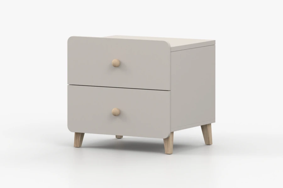 Beige Nachtkonsole mit runden Holzknöpfen und zwei Schubfächern, schräge Ansicht.