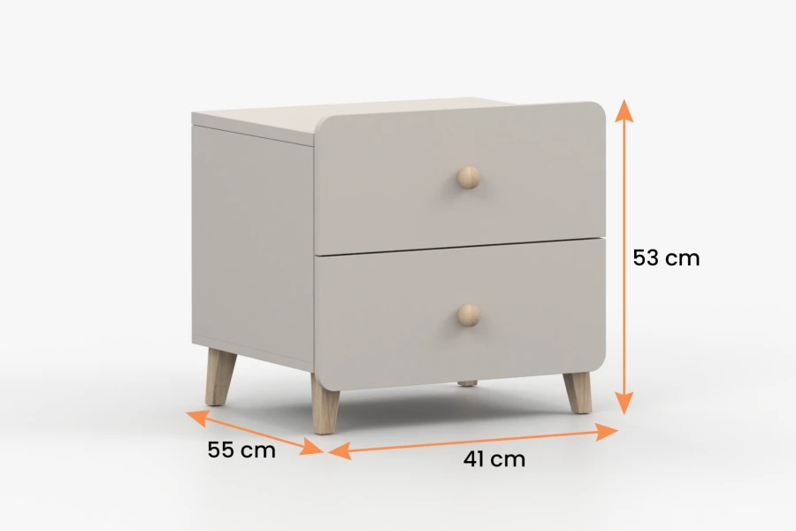 Abmessungen des Nachttisches: 53 cm Höhe, 41 cm Breite und 55 cm Tiefe.