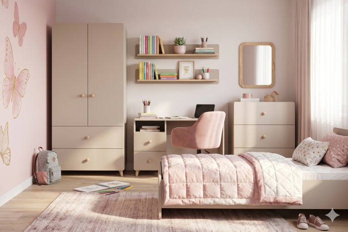 Modernes Mädchenzimmer Set in Rosa und Beige mit Bett, Schreibtisch und Kleiderschrank.