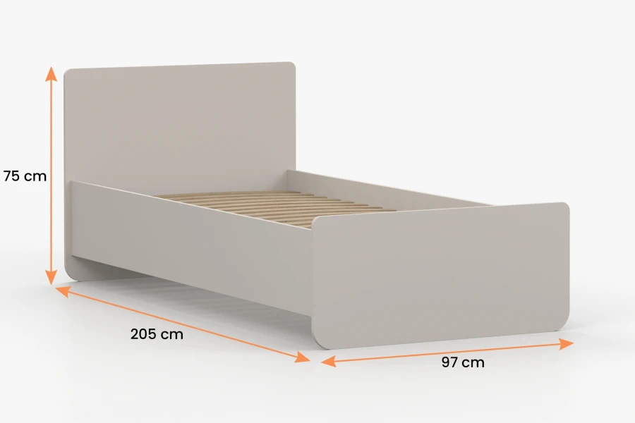 Maßangaben für das beige Kinderbett: 205 cm x 97 cm x 75 cm.