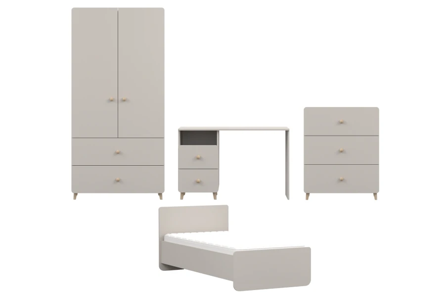 Vierteiliges Kinderzimmer-Möbelset in Beige: Bett, Schrank, Schreibtisch und Kommode.