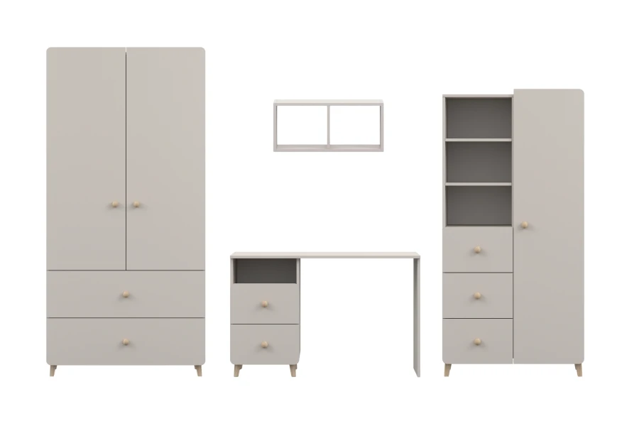 Möbelset fürs Kinderzimmer in Beige: Kleiderschrank, Schreibtisch und Regal im einheitlichen Design.