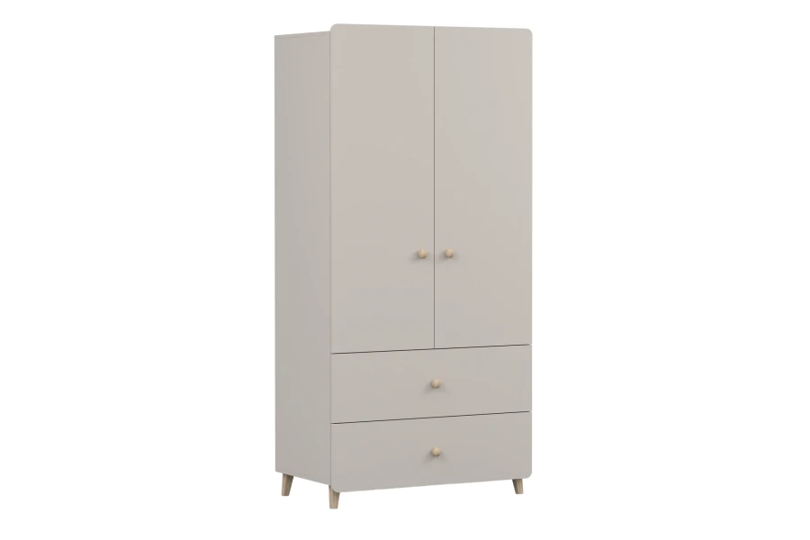 Großer zweitüriger Kleiderschrank in Beige mit 2 Schubladen und hellen Holzdetails.