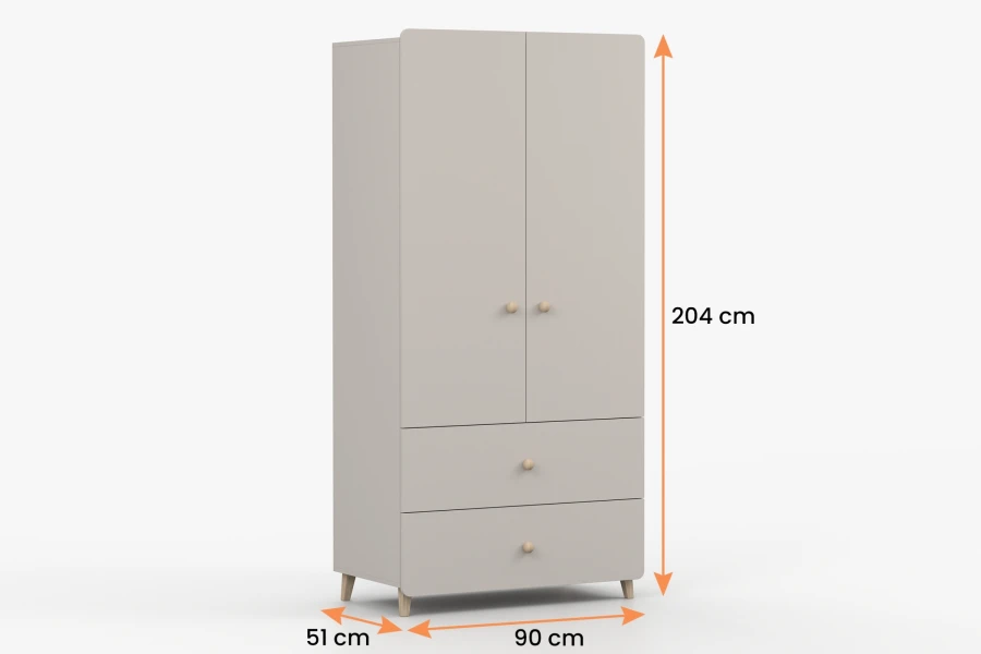 Beiger Kleiderschrank mit Maßen 90x204x51 cm, 2 Türen und 2 Schubladen.