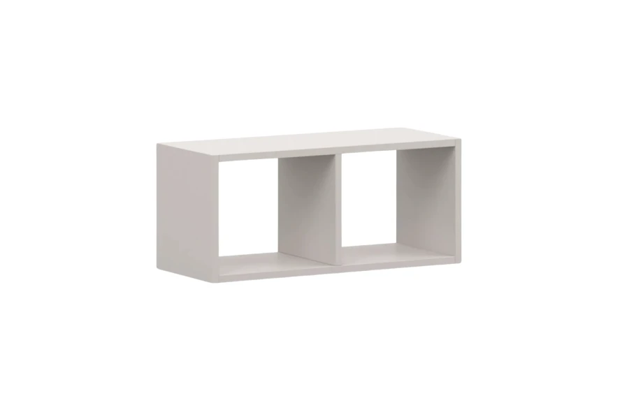 Schlichtes Wandregal in Beige mit zwei offenen Fächern für Dekoration.