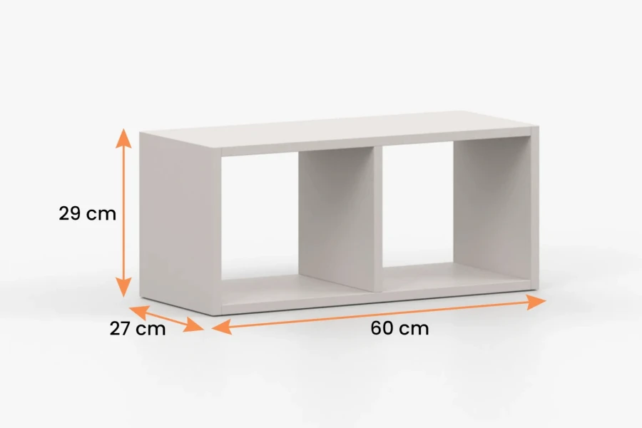 Abmessungen des beigen Hängeregals: Breite 60 cm, Höhe 29 cm, Tiefe 27 cm.