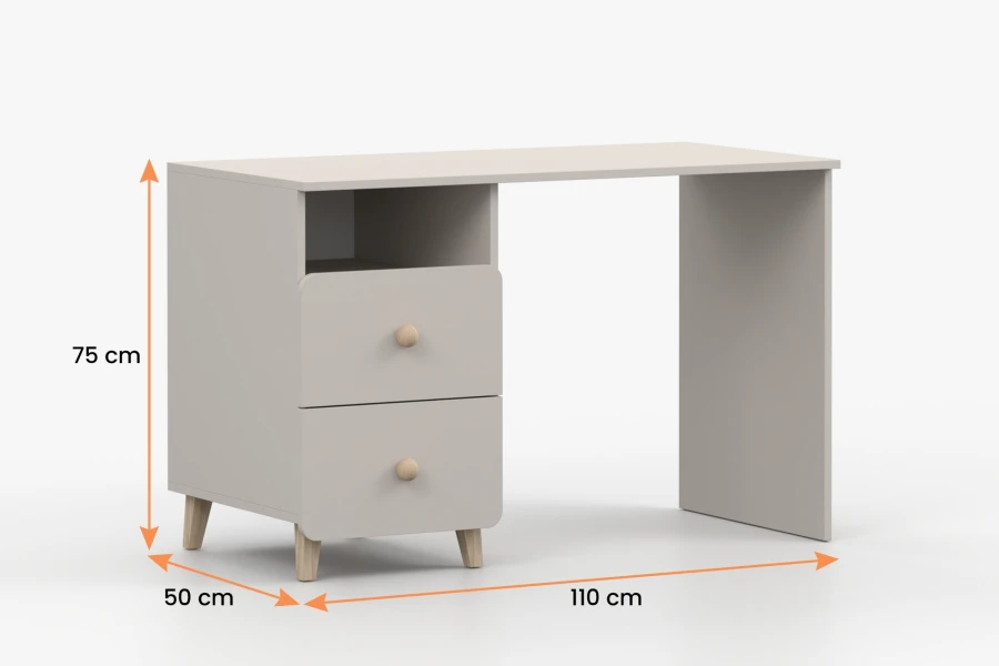 Abmessungen des Marco Schreibtischs: 110 cm Breite, 75 cm Höhe und 50 cm Tiefe.