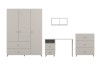 Komplettes Kinderzimmer-Möbelset in Beige mit Schrank, Schreibtisch, Kommode und Regal.