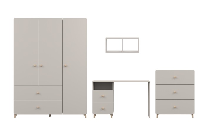 Komplettes Kinderzimmer-Möbelset in Beige mit Schrank, Schreibtisch, Kommode und Regal.
