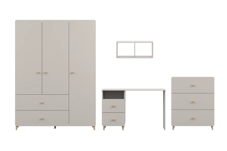 Complete kinderkamer meubelset in beige met kast, bureau, ladekast en plank.