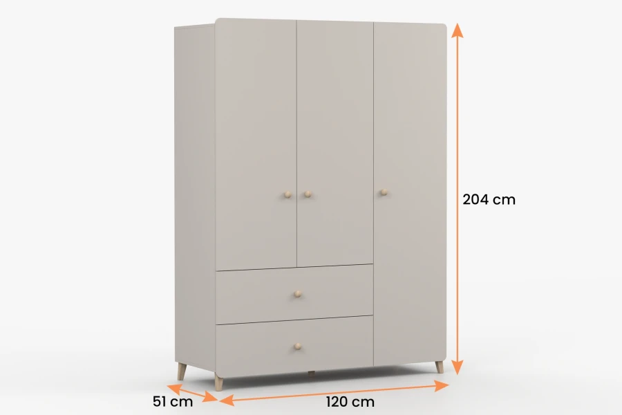 Maße des dreitürigen Kleiderschranks: 204 cm Höhe, 120 cm Breite und 51 cm Tiefe.