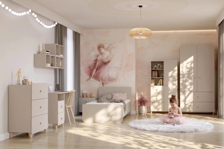 Kinderzimmer Set in Beige mit Kleiderschrank, Bett und Schreibtisch sowie Ballerina-Wandbild.
