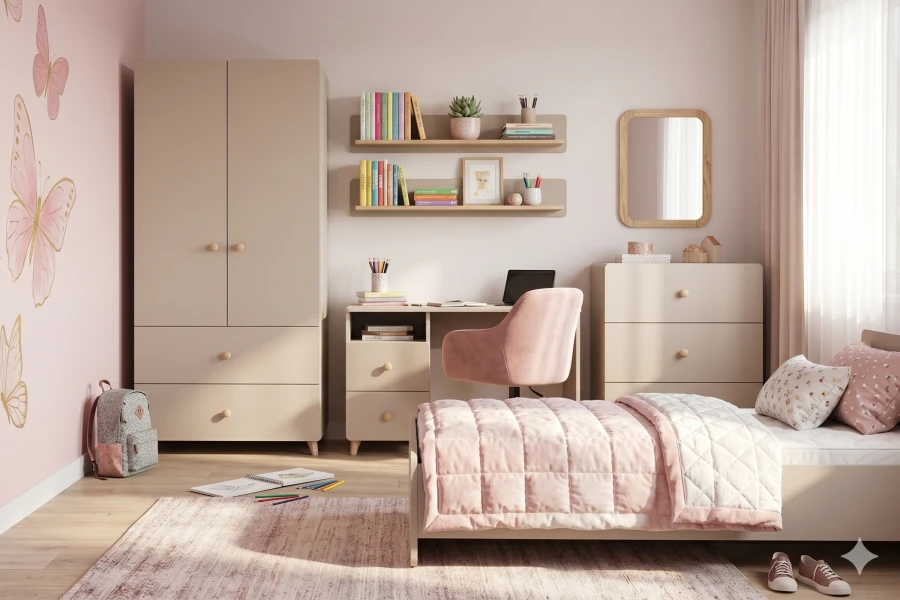 Modernes Mädchenzimmer in Rosa und Beige mit Bett, Schreibtisch, Kleiderschrank und Schmetterlings-Wandtattoo.