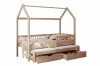 Hausbett aus hellem Holz für Kinder mit praktischem Ausziehbett und zwei geräumigen Schubladen.