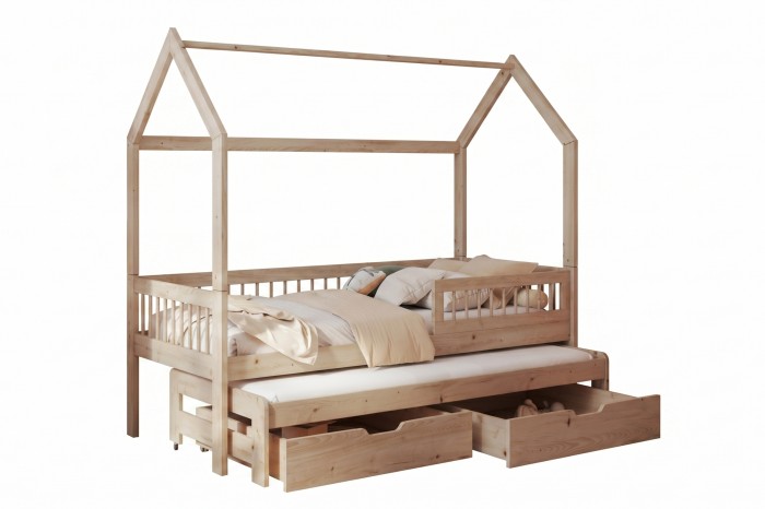 Hausbett aus hellem Holz für Kinder mit praktischem Ausziehbett und zwei geräumigen Schubladen.