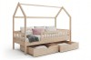Hausbett für Kinder aus Naturholz mit zwei großen Schubladen und sicherem Rausfallschutz.