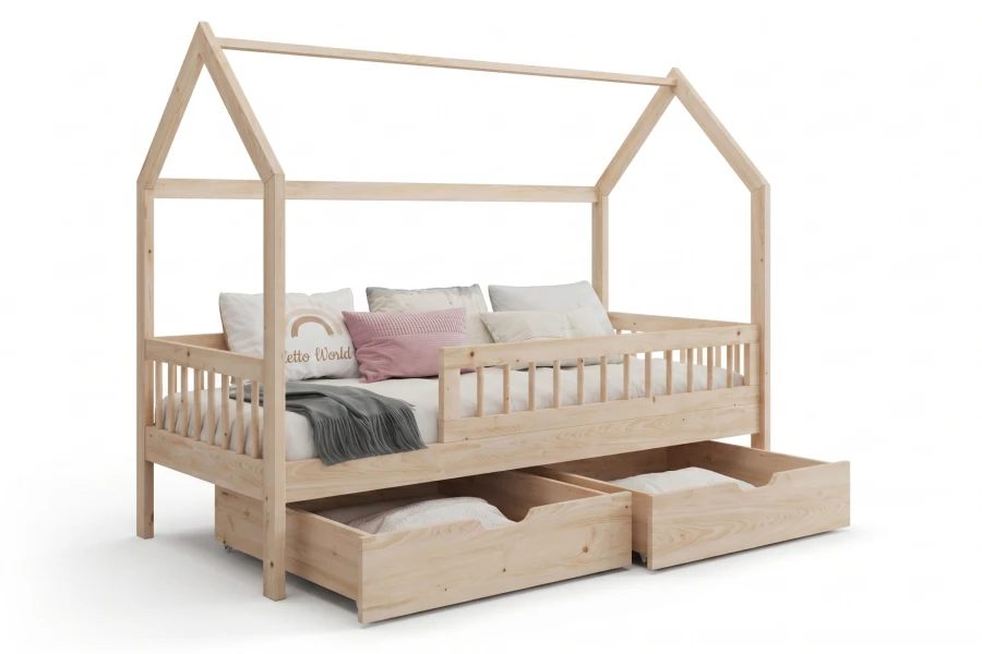 Hausbett für Kinder aus Naturholz mit zwei großen Schubladen und sicherem Rausfallschutz.