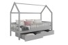 Graues Kinderhausbett mit Stauraum-Schubladen und Lattenzaun-Optik für modernes Design.