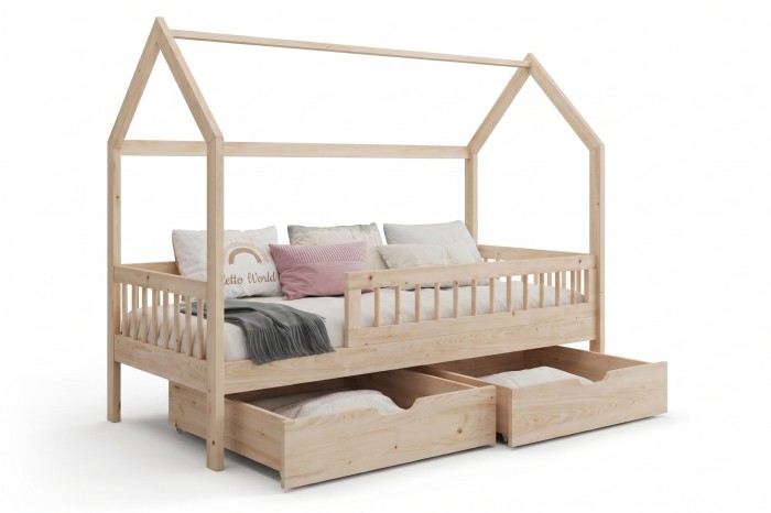 Hausbett für Kinder aus Naturholz mit Rausfallschutz und zwei ausziehbaren Bettkästen.