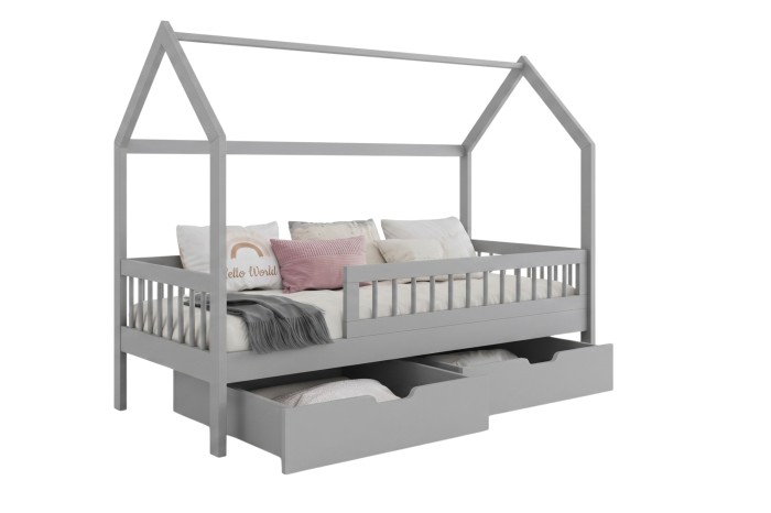 Graues Hausbett für Kinder aus Holz mit zwei praktischen Schubladen auf weißem Hintergrund.