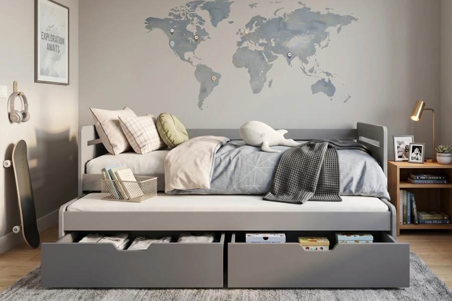 Graues Funktionsbett im modernen Kinderzimmer mit Ausziehfunktion und Schubladen.