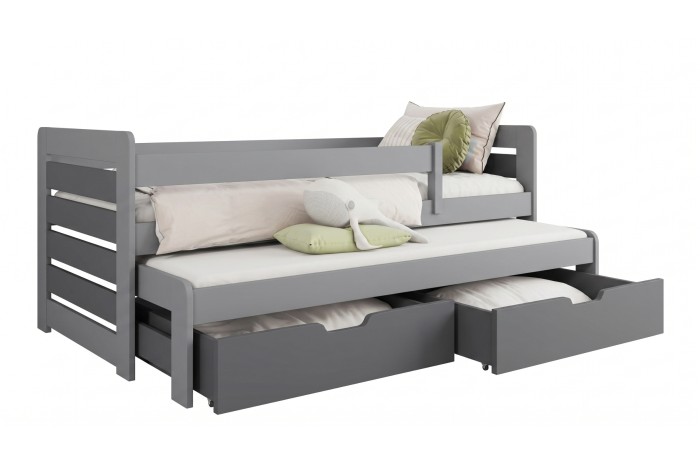 Graues Funktionsbett aus Holz mit Ausziehbett und zwei geräumigen Schubladen auf weißem Hintergrund.