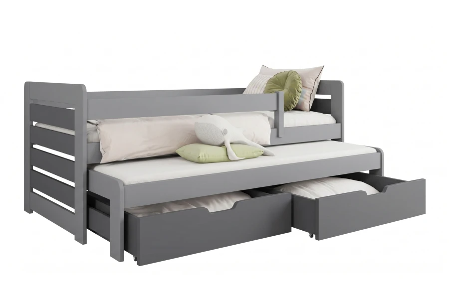 Graues Funktionsbett aus Holz mit Ausziehbett und zwei geräumigen Schubladen auf weißem Hintergrund.