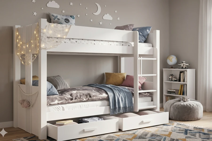 Modernes weißes Etagenbett mit Leiter und zwei Schubladen in einem stilvoll dekorierten Kinderzimmer.