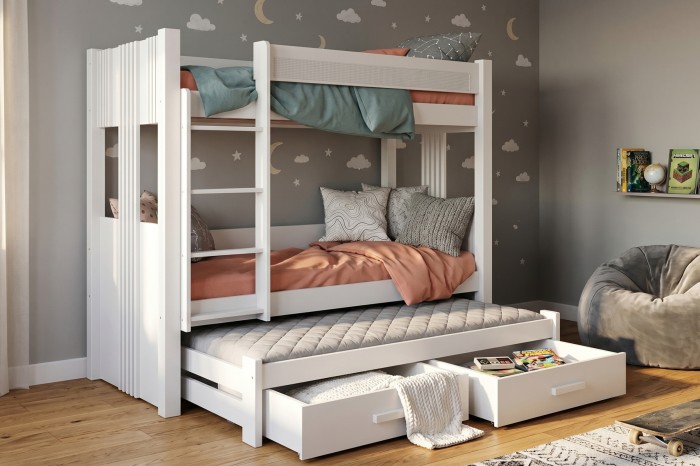 Weißes Kinder-Etagenbett mit drittem Ausziehbett und praktischen Schubladen.
