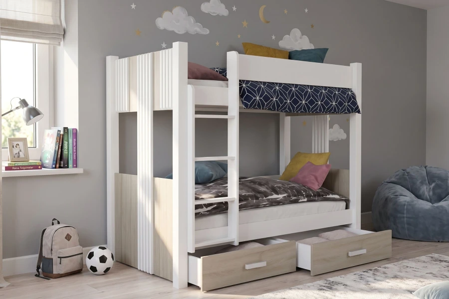 Etagenbett in Weiß und Eiche-Optik mit Stauraumschubladen fürs Kinderzimmer.