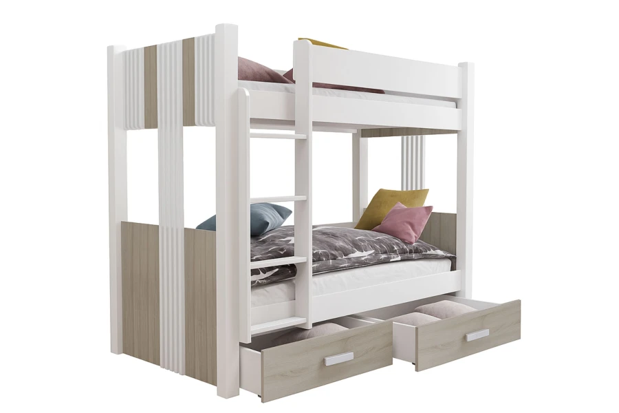 Etagenbett in Weiß und Eiche mit zwei Schubladen und Leiter für das Kinderzimmer.