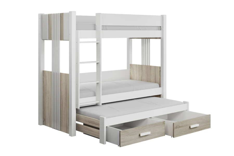 Wit stapelbed met derde uitschuifbed en twee praktische laden op een witte achtergrond.