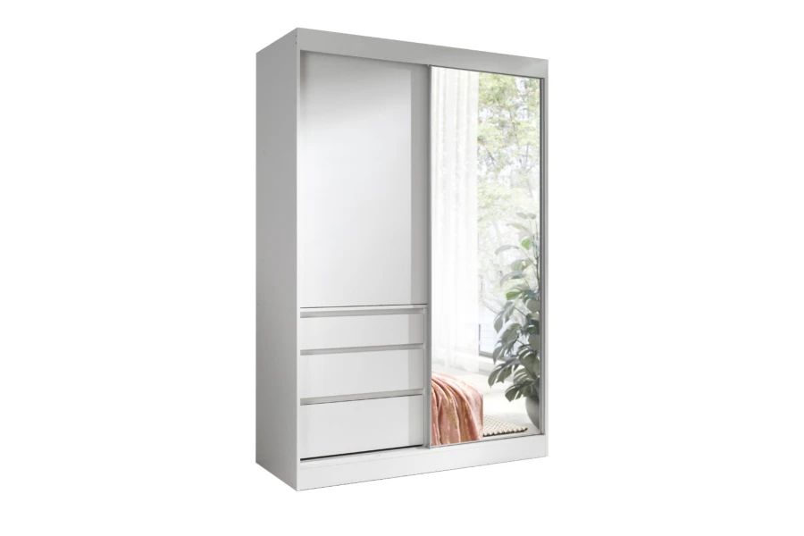 Moderner weißer Kleiderschrank mit Spiegeltür und drei Schubladen auf weißem Grund.