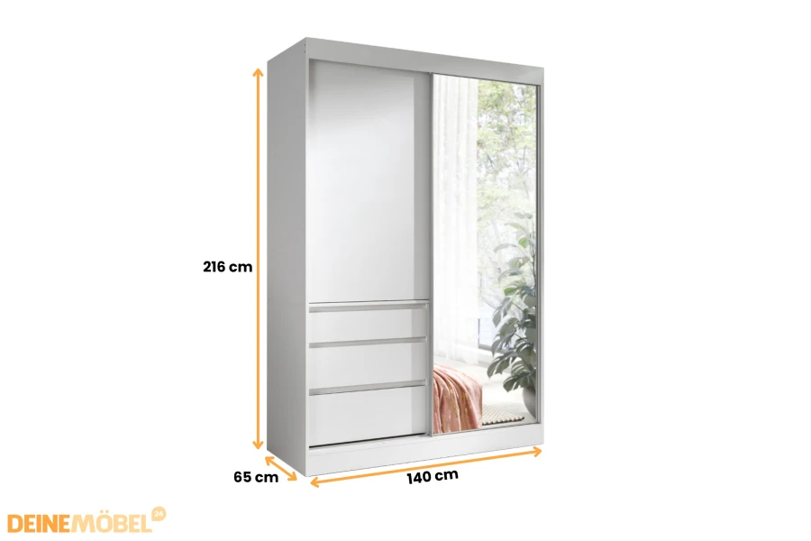 Weißer Schwebetürenschrank 140cm mit Spiegel und 3 Schubladen - Maße: 140x216x65 cm.
