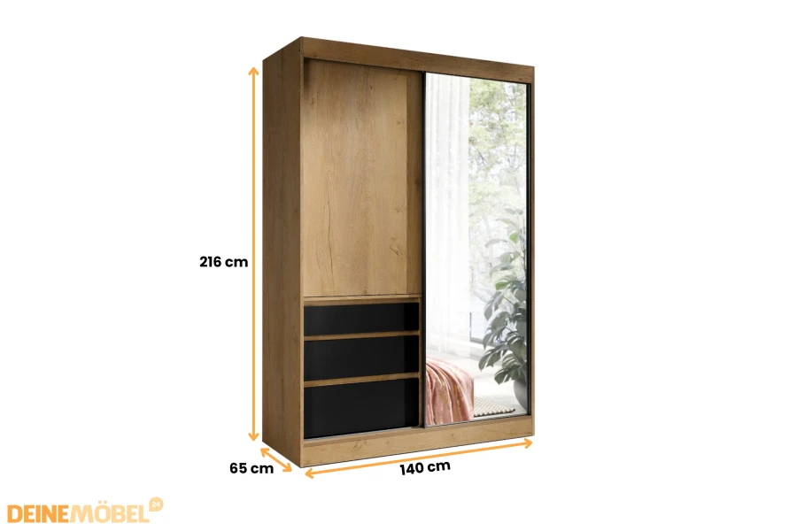 Kleerkast in eiken met zwarte laden en spiegel - Afmetingen: 140x216x65 cm.