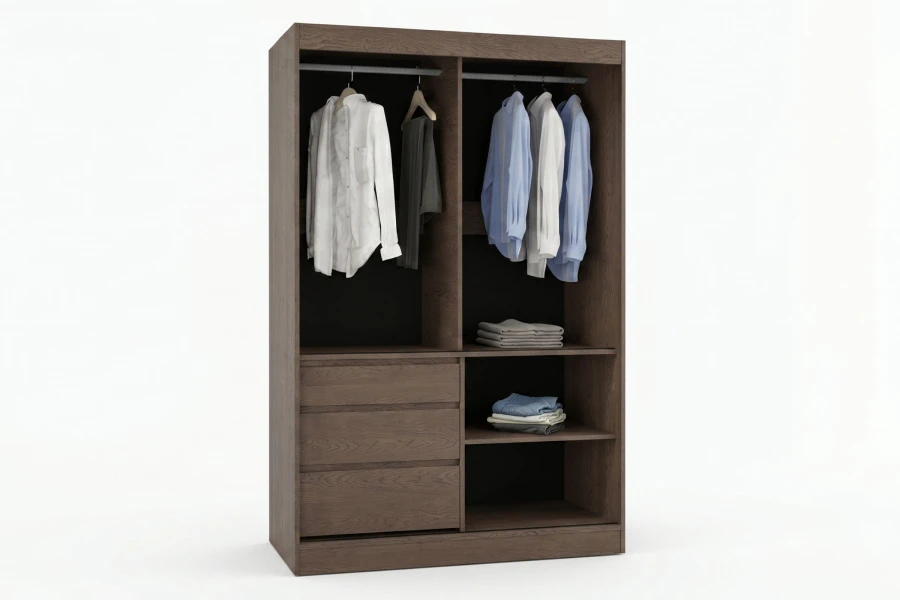 Innenansicht Kleiderschrank dunkelbraun mit Kleiderstangen, Ablagefächern und Schubladen.